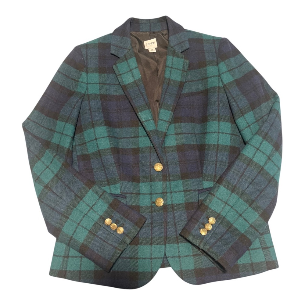 J.Crew Women’s Plaid Blazer Jacket Size 4 Wool Blend Green Tartan Gold Buttons